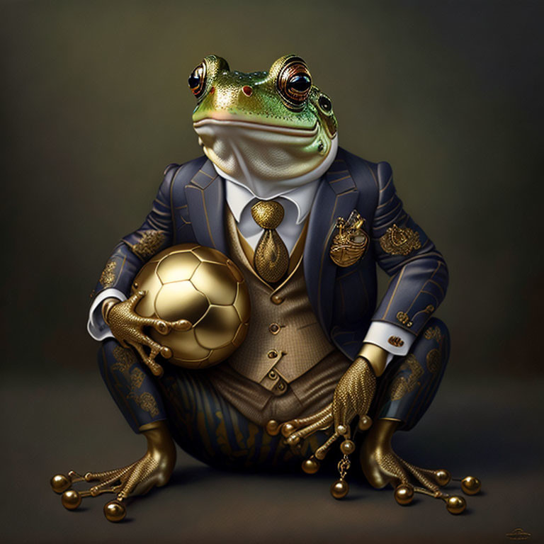 Anthropomorphic frog in dapper suit with gold ball on dark background