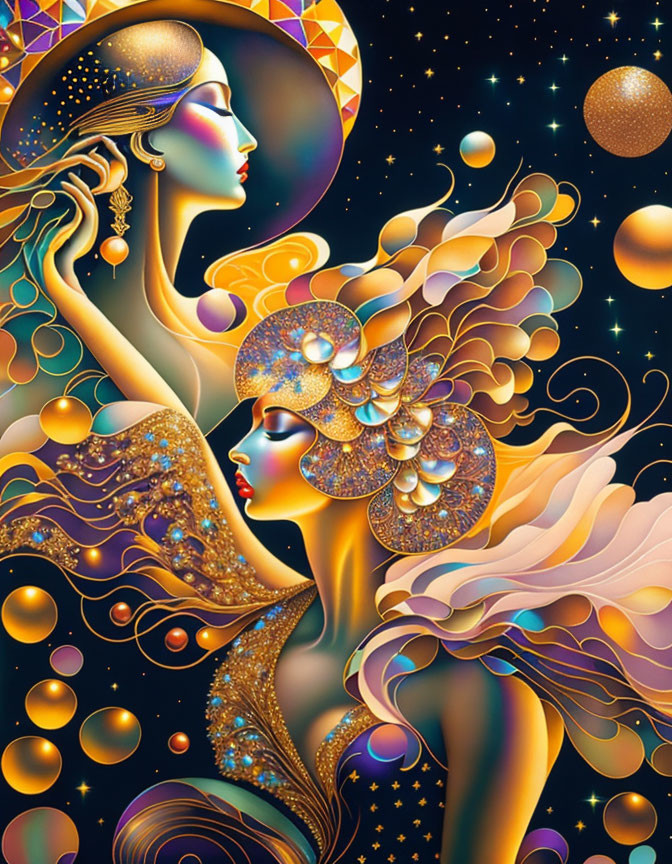 Stylized female figures with cosmic motifs and vibrant colors.