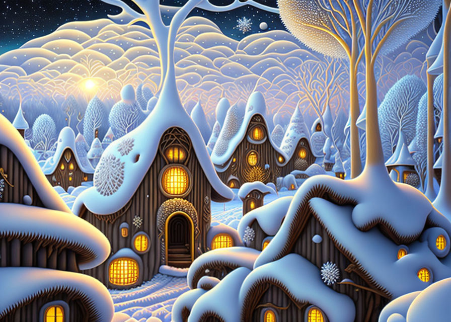 Whimsical winter village with snow-covered cottages and glowing windows