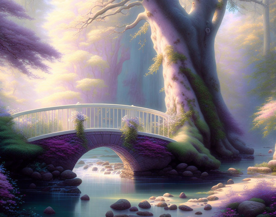 Tranquil fantasy landscape with arched bridge and lush flora