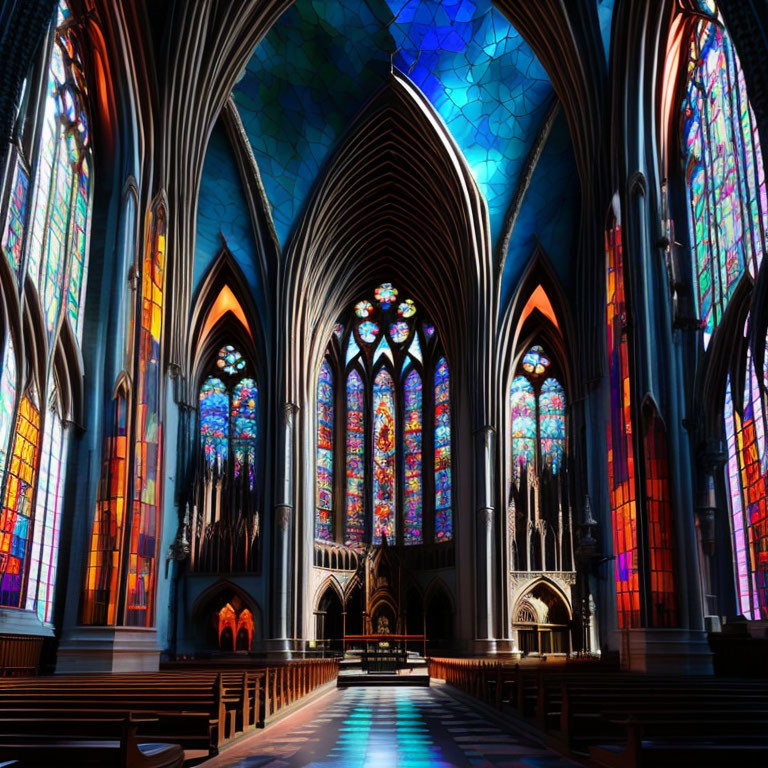 Gothic Cathedral Interior with Vaulted Ceilings and Stained Glass Windows