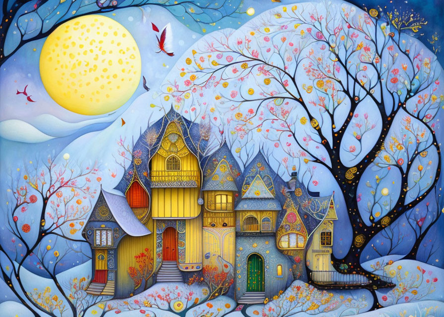 Whimsical painting of fairy-tale houses under yellow moon