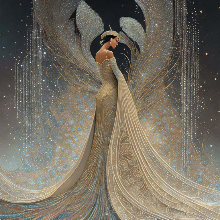 Woman in Golden Gown with Peacock Feathers on Starry Night Background