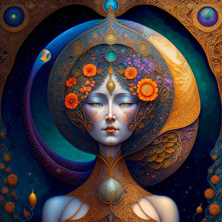 Blue-skinned mystical female figure with ornate headdress in cosmic setting