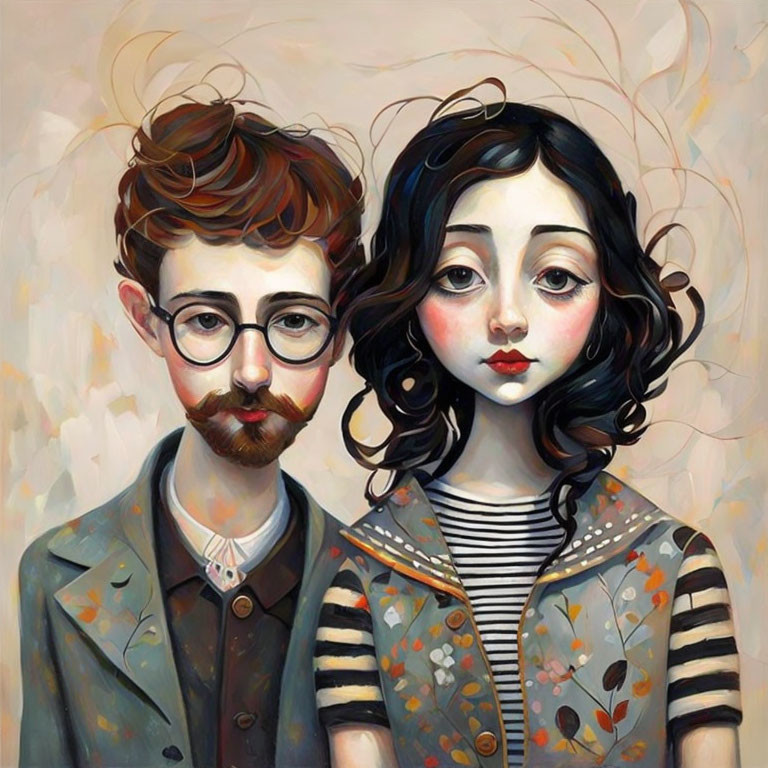 Exaggerated eyes portrait of man and woman with beard, glasses, and dark hair on muted backdrop