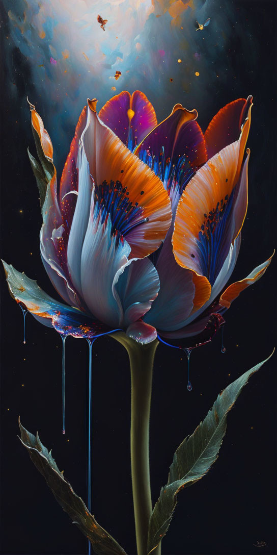 Hyper-realistic painting of blooming flower in rich blues and oranges on starry night sky