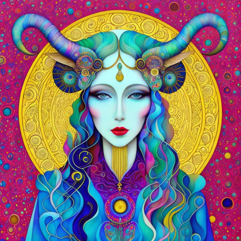 Colorful Artwork: Stylized Woman with Ram Horns and Halo