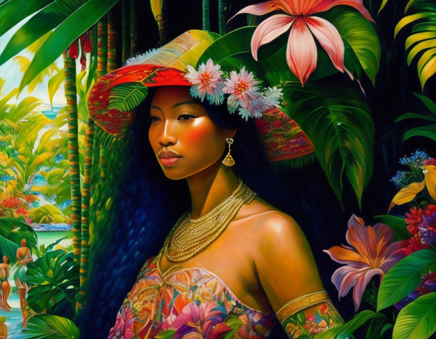 Woman in Sunhat with Flowers and Gold Jewelry in Tropical Landscape