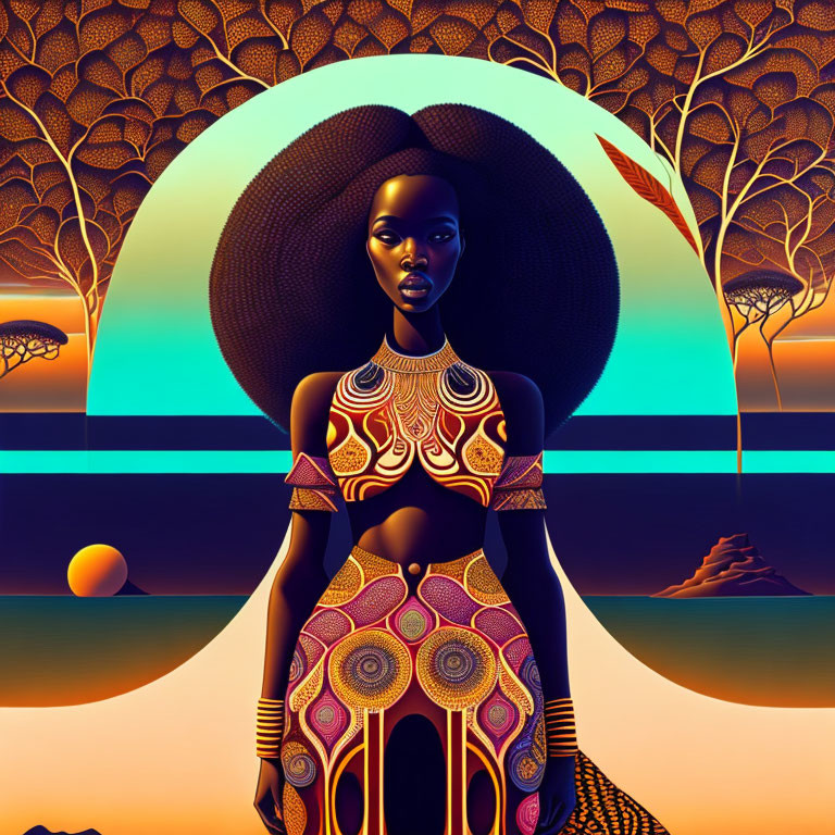 Digital artwork: Woman with African patterns in surreal sunset landscape