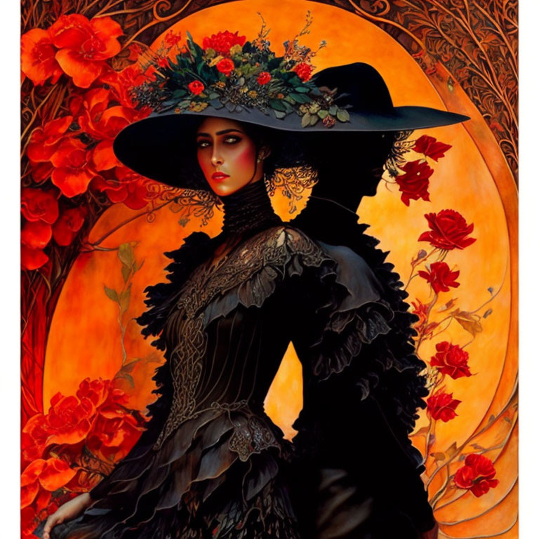 Illustrated woman in ornate black dress and hat against floral backdrop