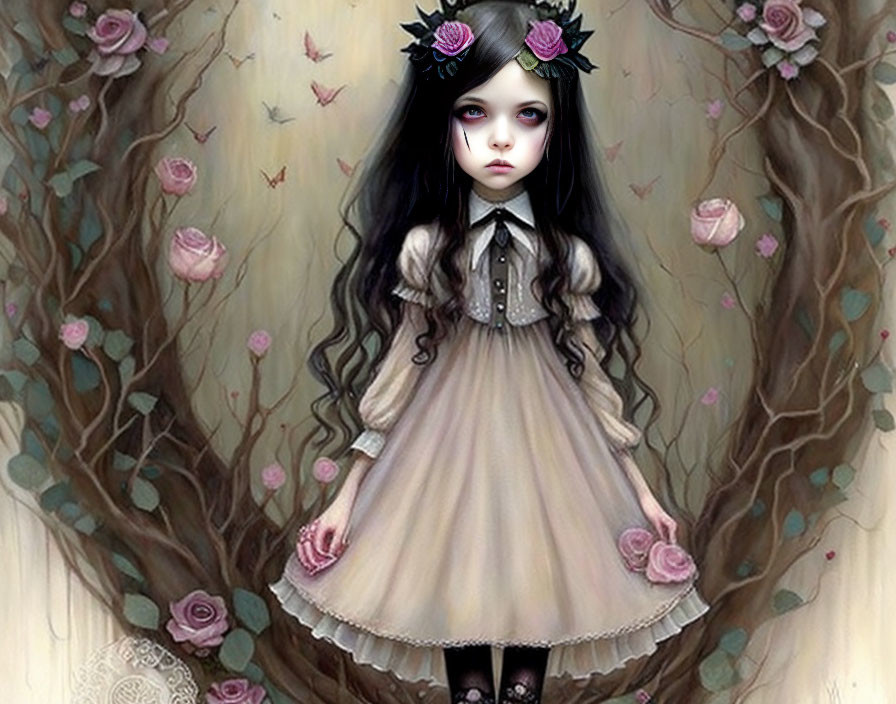 Illustration of girl in vintage dress with large eyes, surrounded by roses and vines