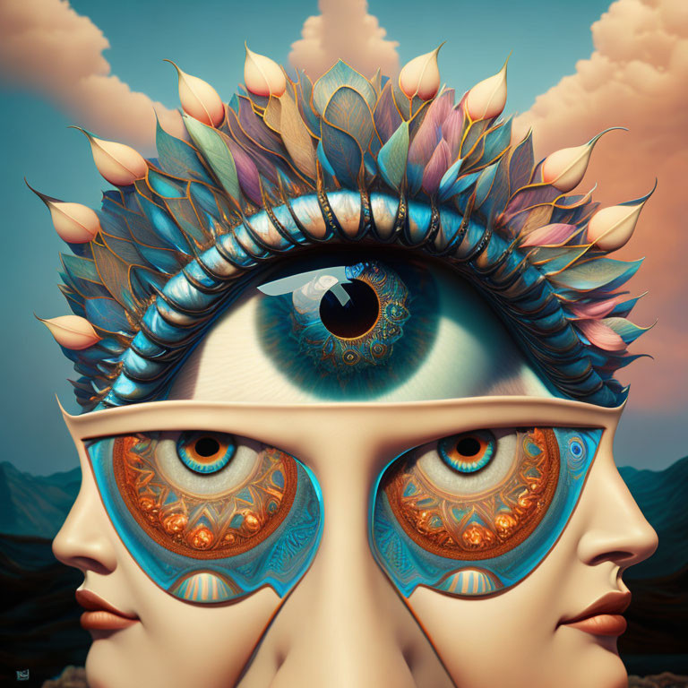 Surreal digital artwork: human-like face with large eye, ornate goggles, hills, cloudy