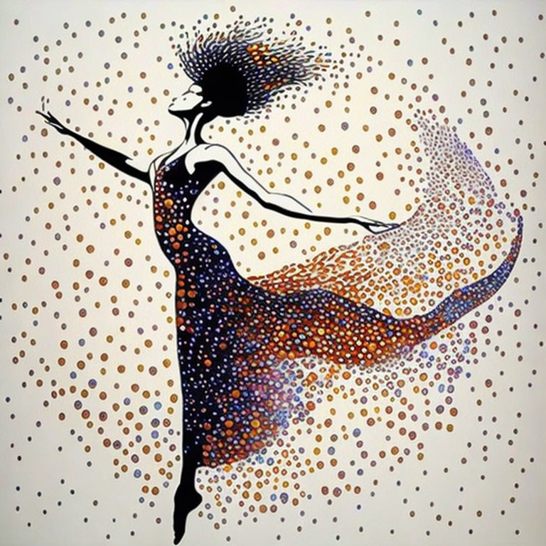 Colorful Dotted Dress: Stylized Dancing Woman Artwork