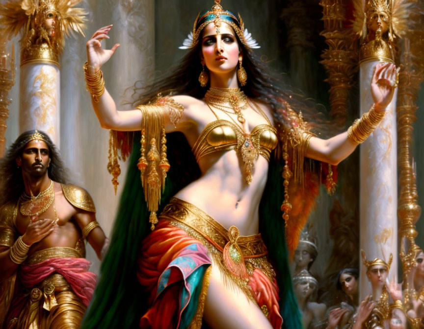 Regal woman in golden attire with attendants in background