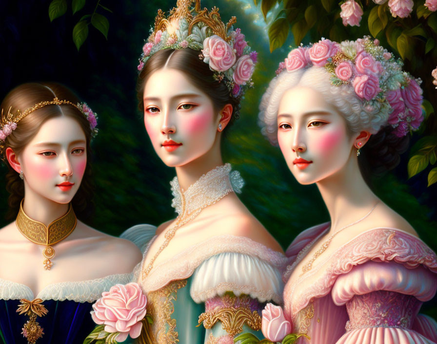 Three women in elaborate historical dresses with ornate hairstyles and flower adornments.