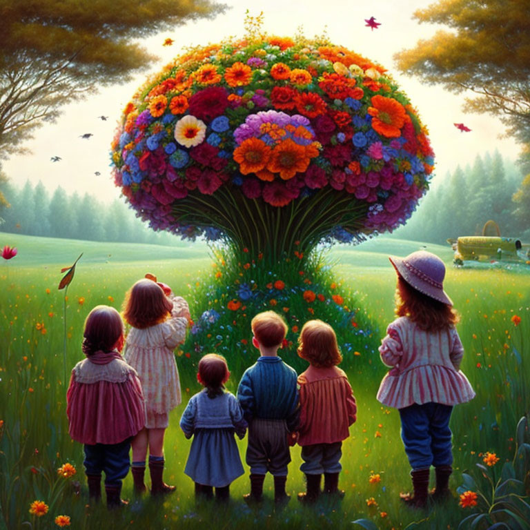 Children admiring whimsical tree in meadow with colorful flowers.