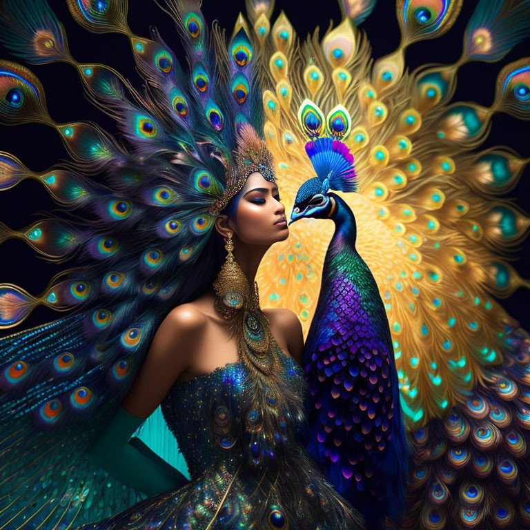 Woman in peacock attire posing with vibrant peacock