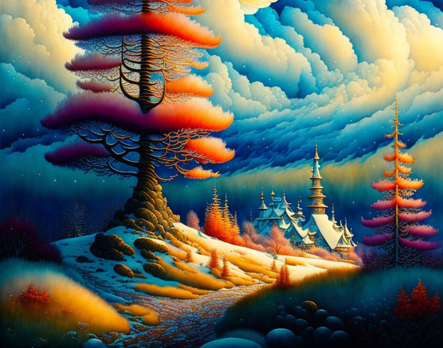 Colorful, surreal landscape with layered pine trees and golden path to castle