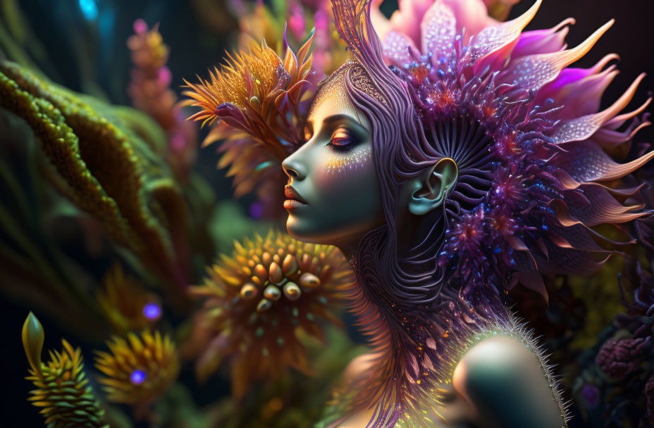 Fantasy figure with colorful floral growths in mystical environment