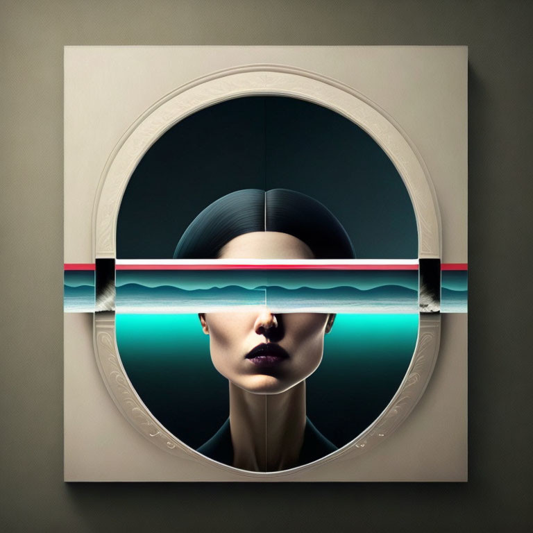 Surreal portrait of woman with bisected face in circular mount