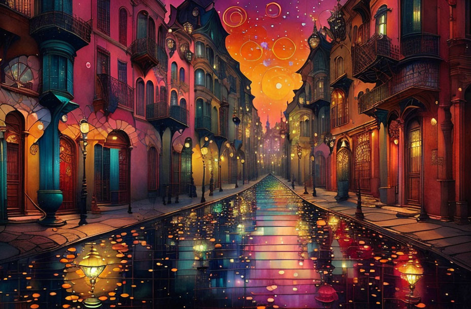 Colorful Fantasy Street Scene with Starry Sky and Floating Orbs