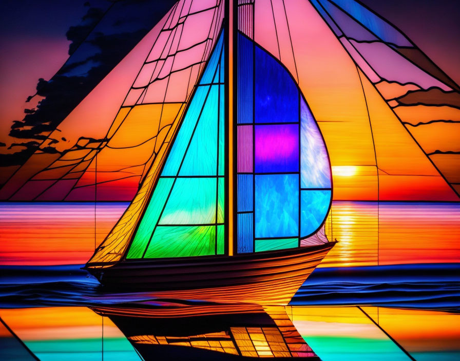 Colorful Sailboat Stained Glass Artwork at Sunset