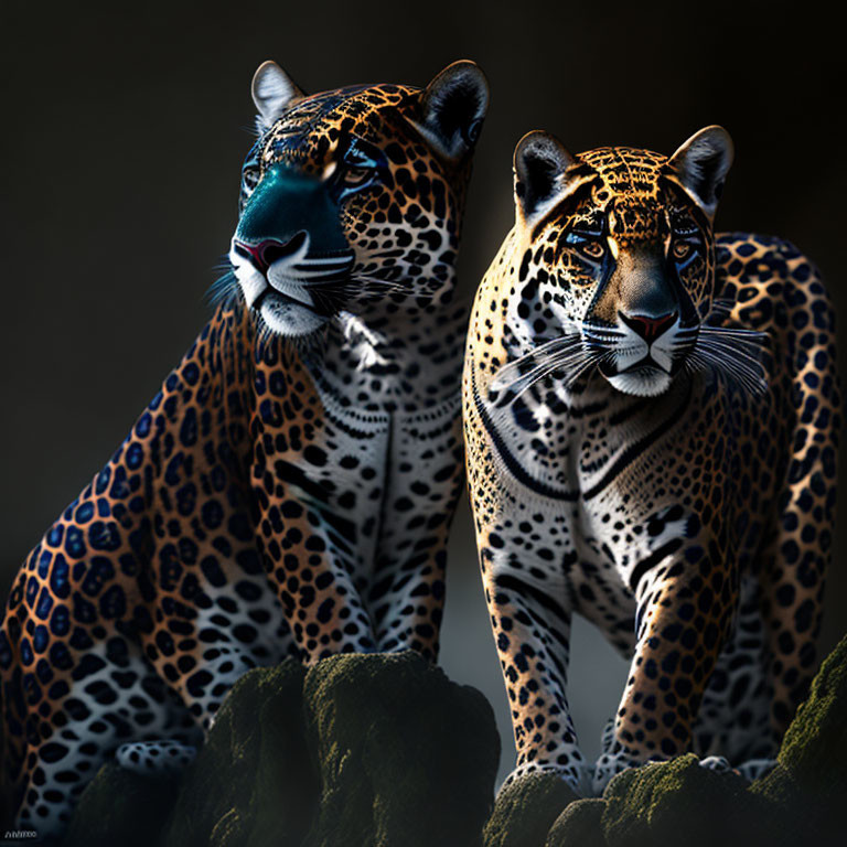 Two jaguars on moss-covered rock with dark background