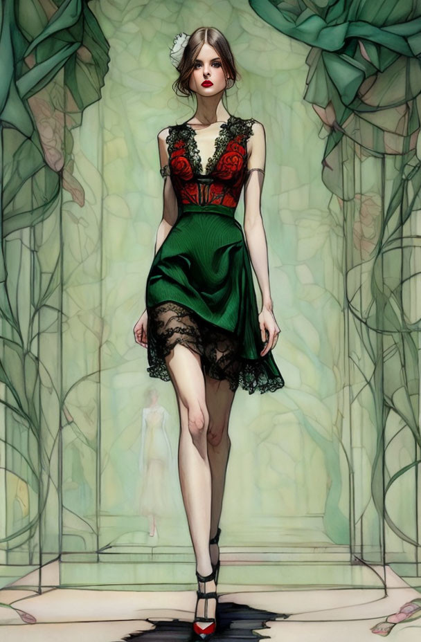 Stylized illustration of woman in green and red dress with lace details