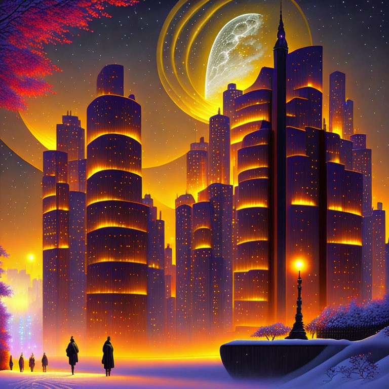 Futuristic cityscape at dusk with illuminated skyscrapers and crescent moon