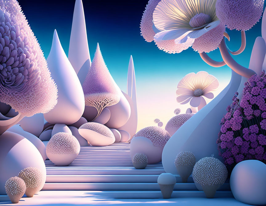 Colorful surreal landscape with stylized mountains & fantastical flora