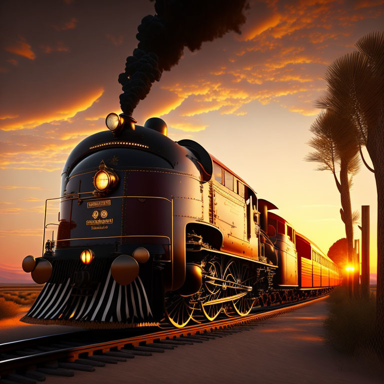 Vintage Steam Train Sunset Scene with Orange and Purple Sky