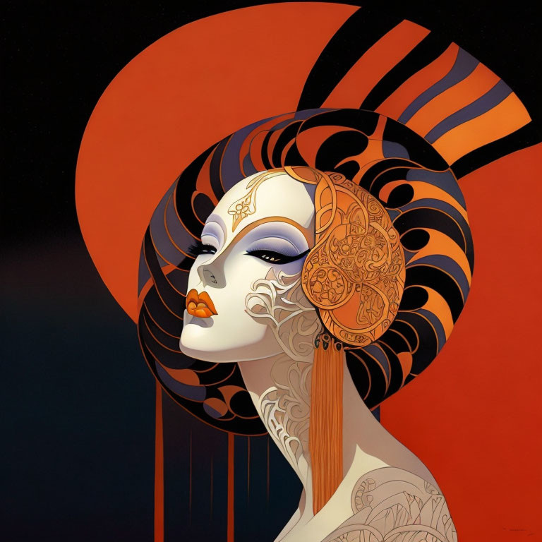 Stylized portrait of woman with elaborate makeup and headwear against red circle backdrop