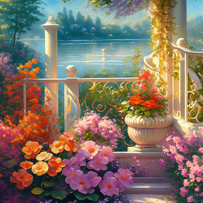 Sunrise lakeside view with flower-adorned terrace and tranquil waters