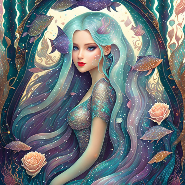 Mystical woman with flowing blue hair, fishes, and roses in a surreal aquatic scene