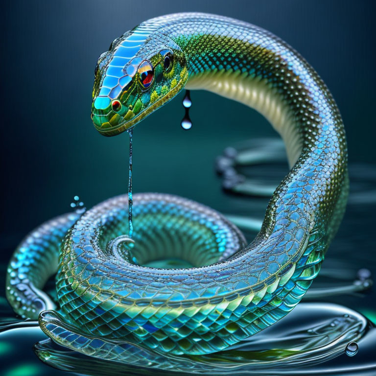 Vibrant digitally created snake with jeweled texture on dark background