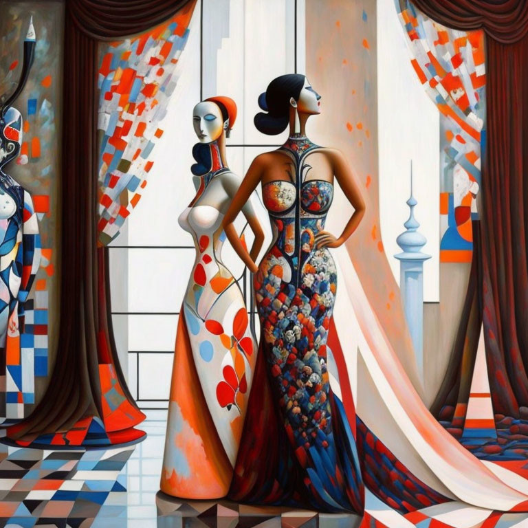 Stylized women in elegant patterned dresses in a room with checkered floors and draped curtains