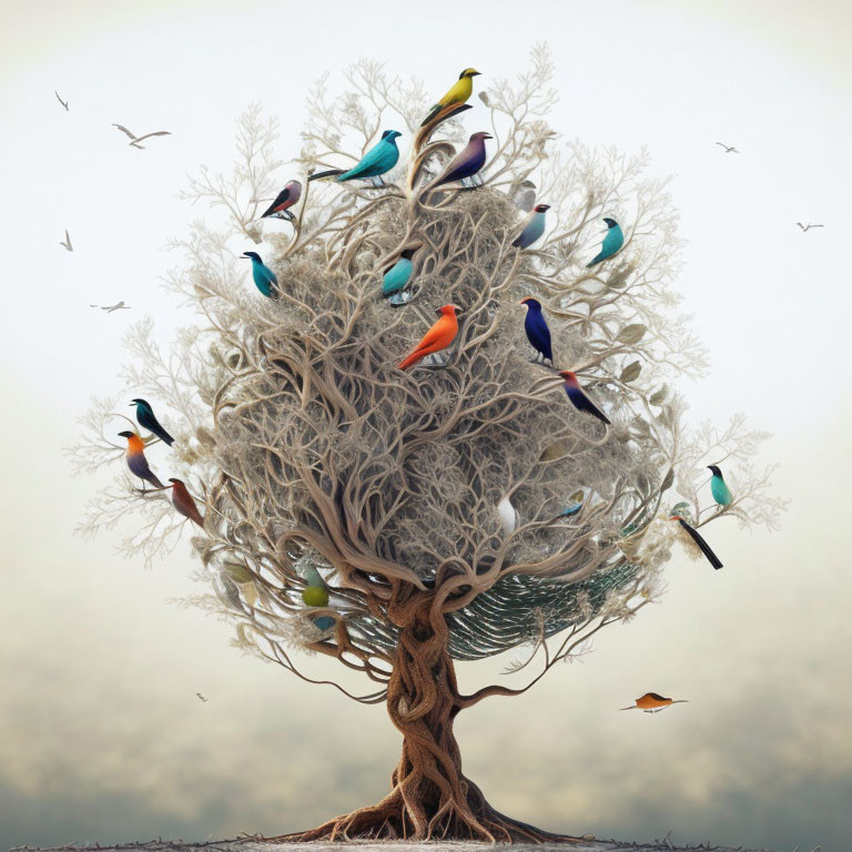 Colorful bird-filled tree illustration in foggy setting