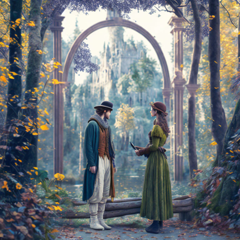 Historical clothing conversation in autumnal forest with ornate arch.