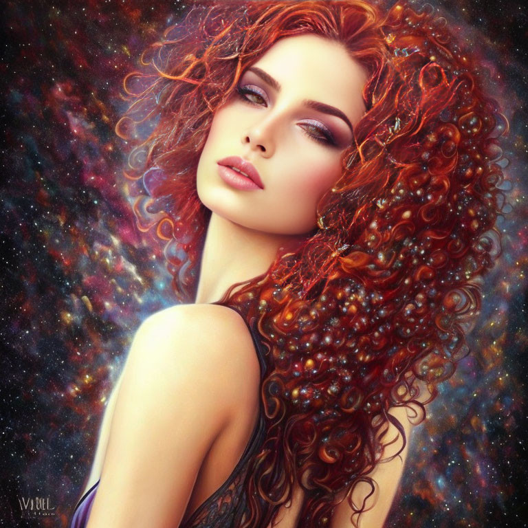 Vibrant red curly hair woman in surreal cosmic portrait