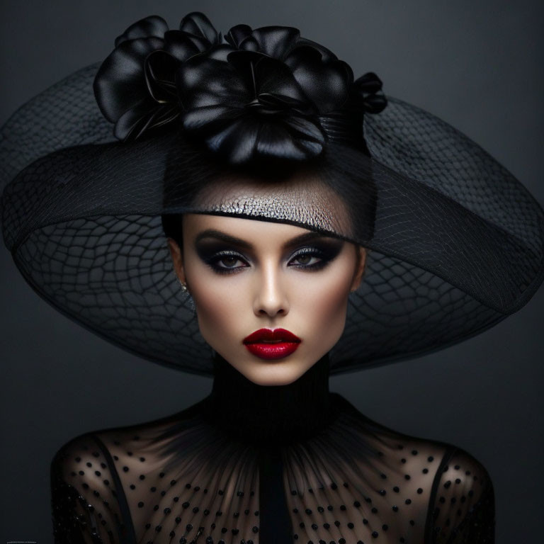 Woman in Smoky Eye Makeup and Red Lips Wearing Black Hat and Sheer Top