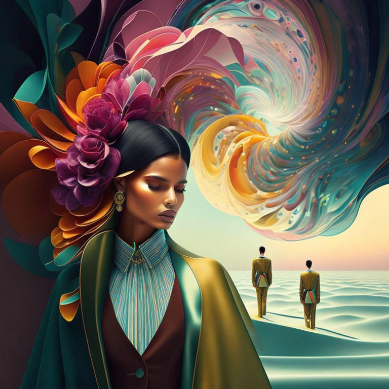 Surreal portrait of woman with floral headpiece and swirling vortex