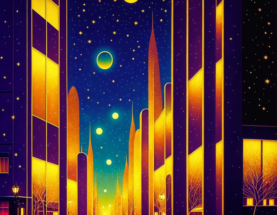 Fantastical night cityscape digital artwork with star-speckled buildings.