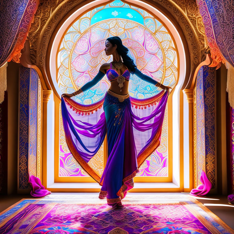 Woman in Blue and Purple Attire in Colorful Archway