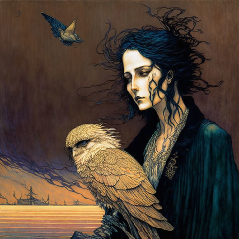 Somber woman and eagle in twilight landscape with flying bird