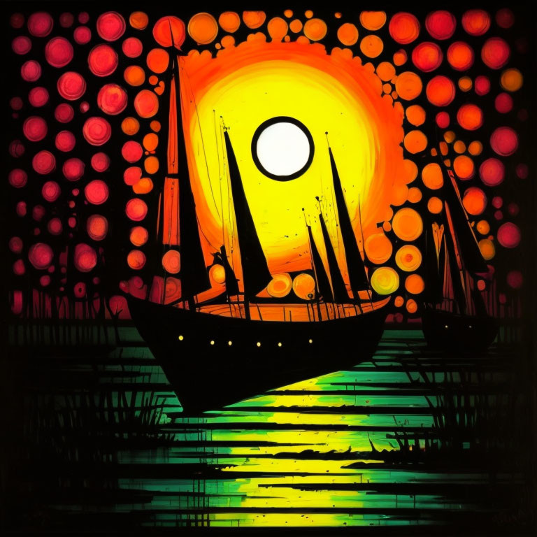 Colorful Silhouette of Sailing Ship Against Luminous Sun and Water Reflection