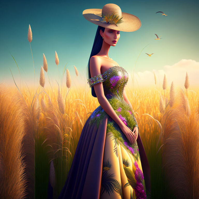 Woman in elegant dress and hat in wheat field at sunset