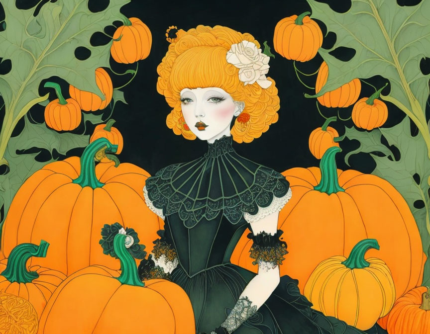 Illustrated Woman with Orange Hair Surrounded by Pumpkins, Sunflowers, and Peacocks