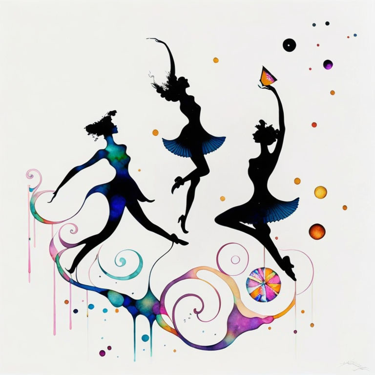 Stylized silhouette figures dancing with swirls and colorful orbs, one holding a butterfly.