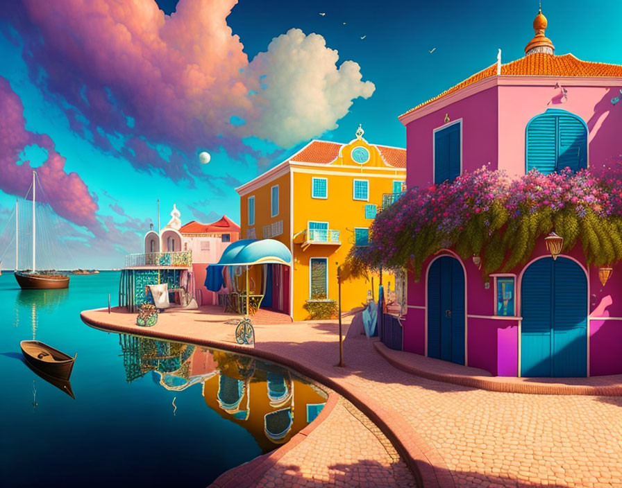 Colorful waterfront scene with buildings, cobblestone path, canal boat, and whimsical sky.