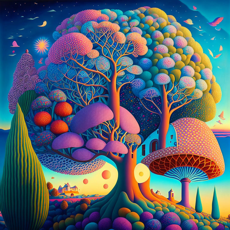 Colorful surrealist landscape with whimsical trees, mushrooms, house, and hills